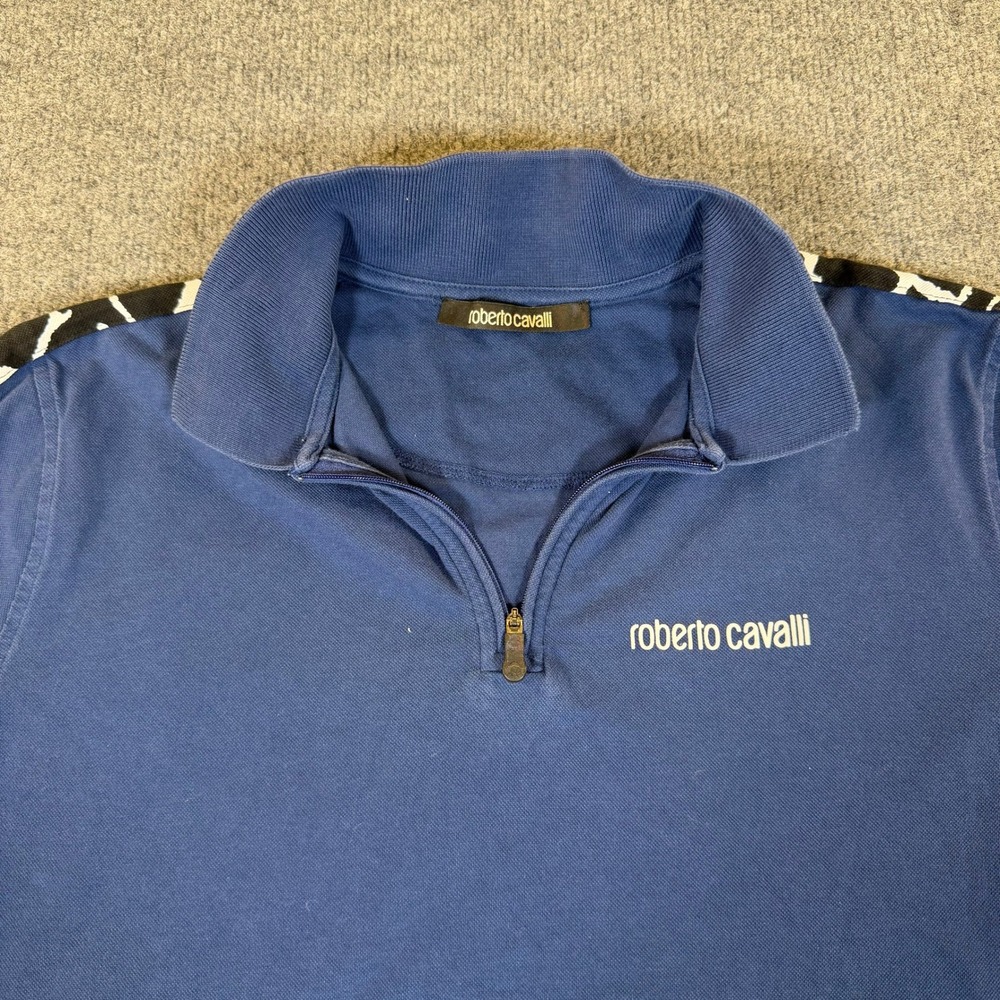 Roberto Cavalli Mens Blue Quarter Zip Polo Shirt Shoulder Tape Large 2992